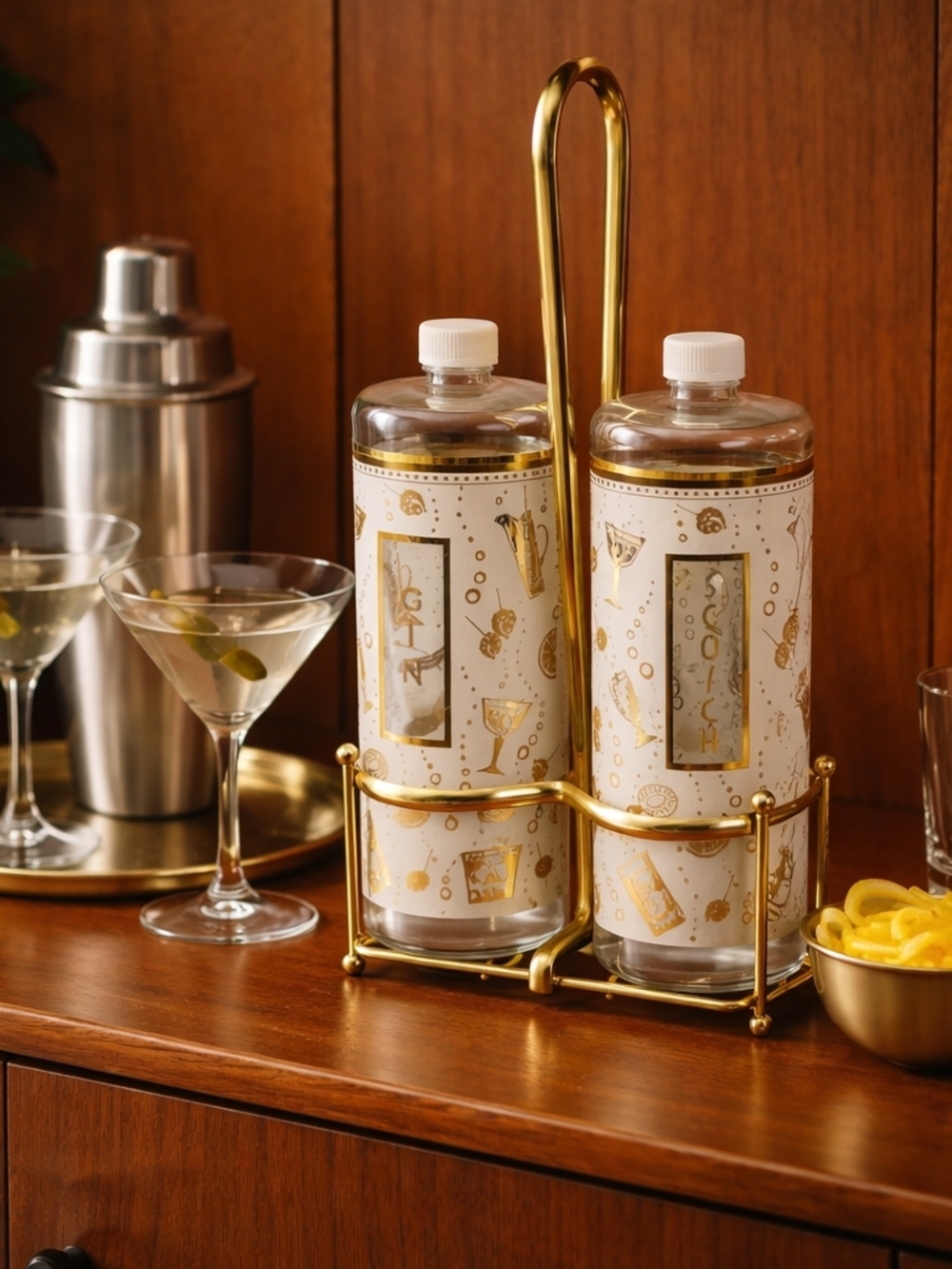 Vintage Gold-Tone Double Bottle Caddy with Decorative Barware Bottles
